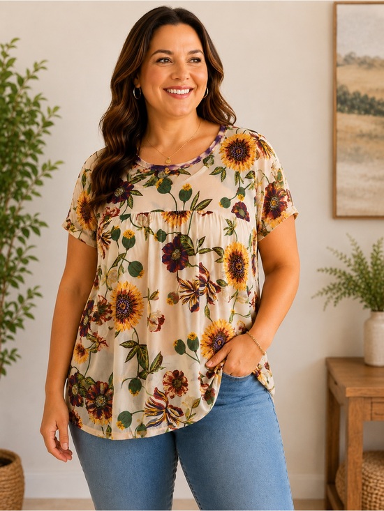 Passport Tops - Passport Beige Sunflower Floral Short-Sleeve Blouse